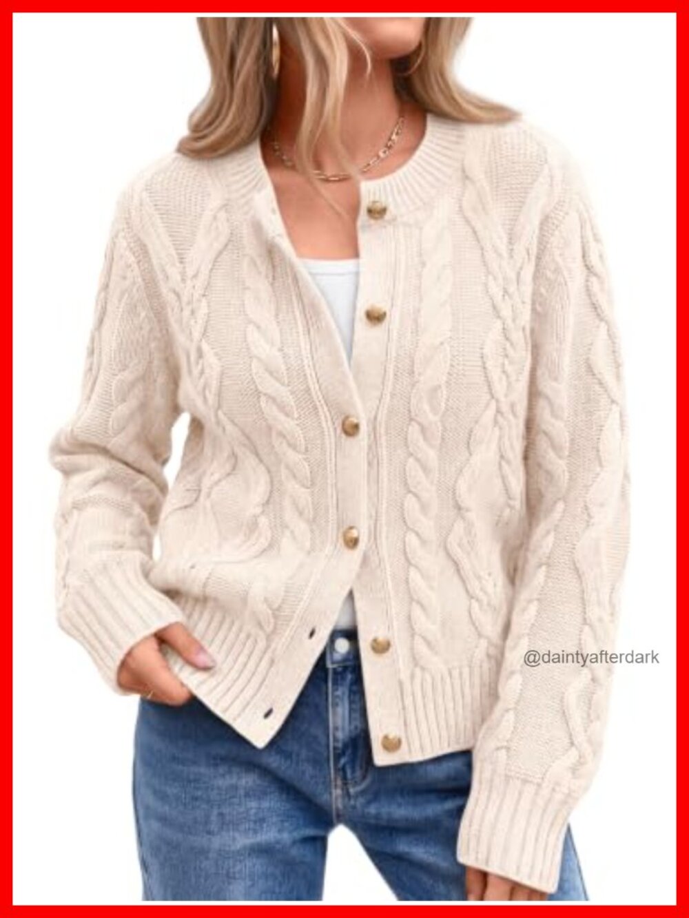 Cable Knit Cardigan Cotton Blend Chunky Sweater Button Front Crew Neck